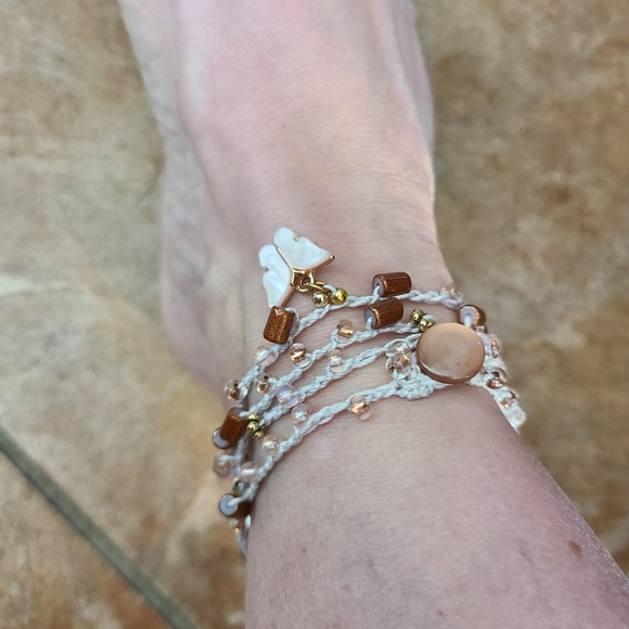 Women's Wrap Bracelet Light Gray Gold Blush Pink Beads Butterfly Handmade Cute - Picture 5 of 5